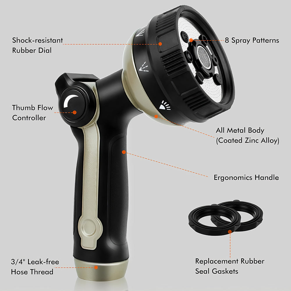 Metal Garden Hose Spray Nozzle with Thumb Control 8 Spray Patterns for Lawn Plants Car and Pet Washing