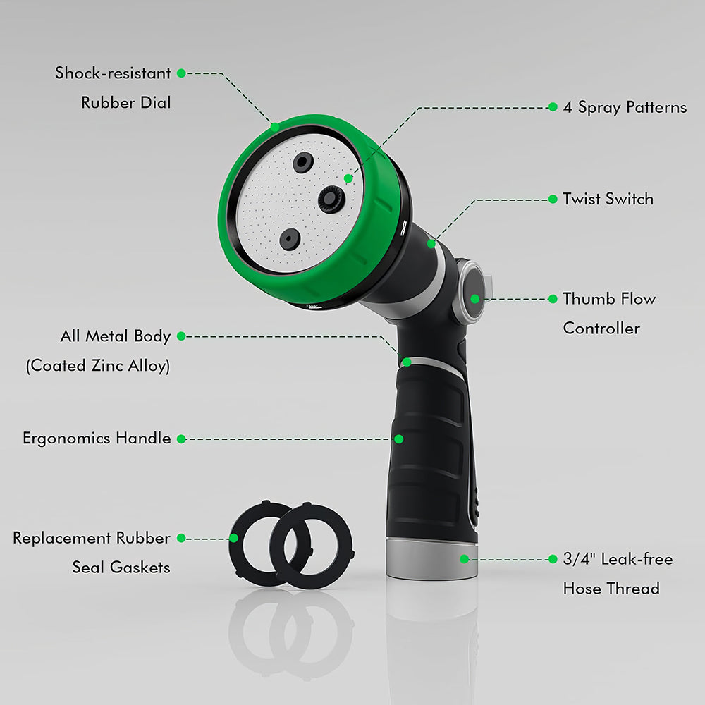 Heavy Duty Metal Garden Hose Nozzle Thumb Control 4 Spray Patterns for Plants Lawns Cars and Pets