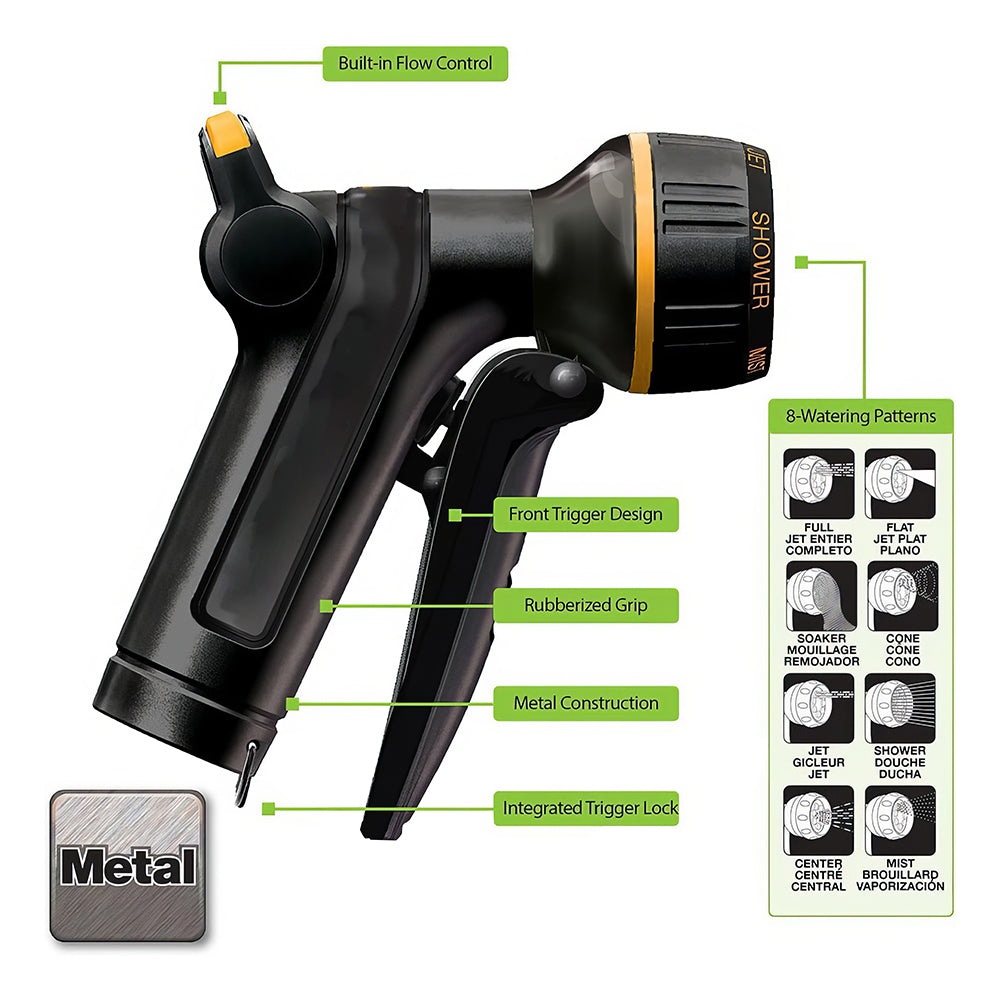 Metal Garden Hose Nozzle Front Trigger with Flow Control 8 Spray Patterns Rubberized Non Slip Grip